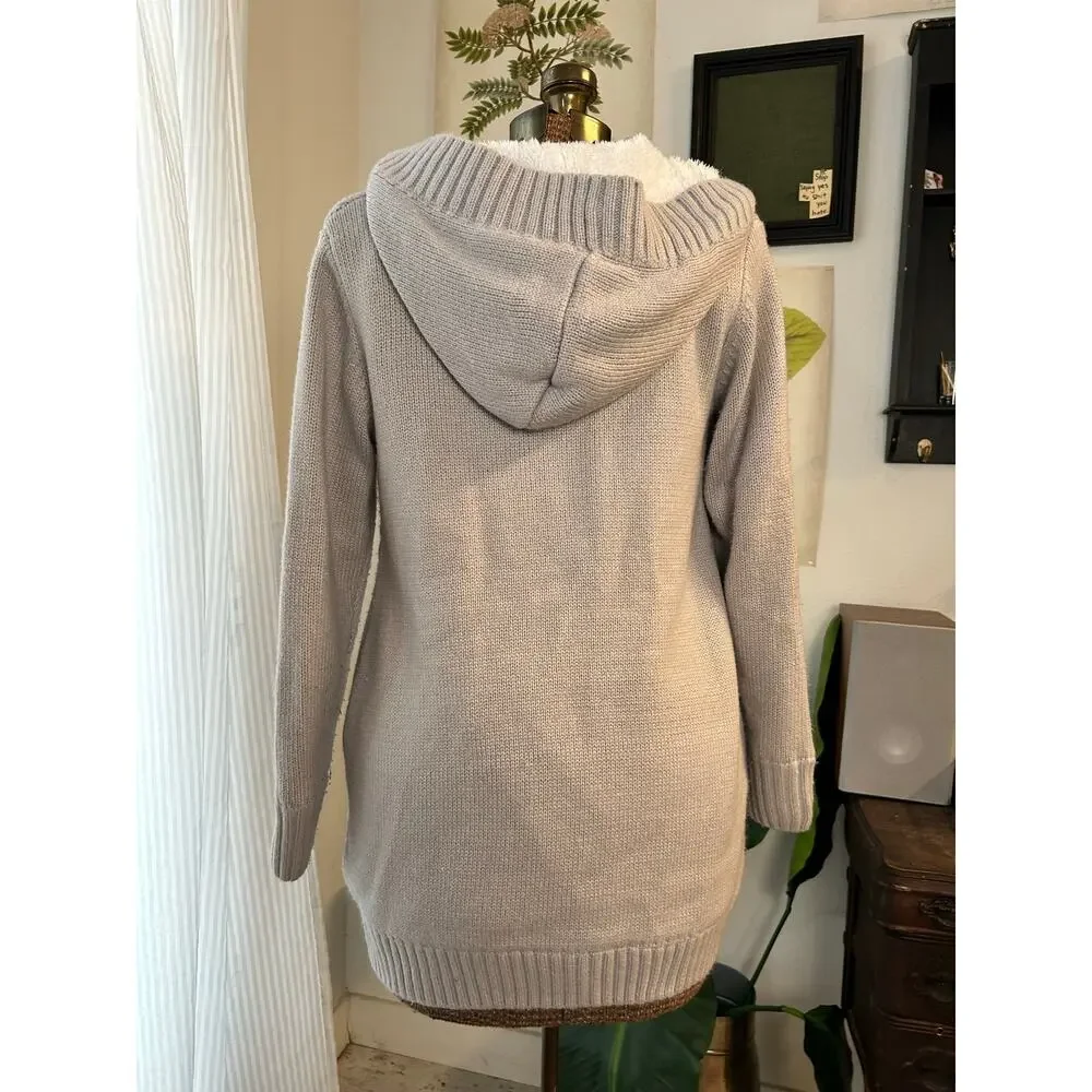 Women’s Cardigan Size Small Gray Cable Knit Hooded Sherpa Lined Cottagecore - Picture 5 of 5